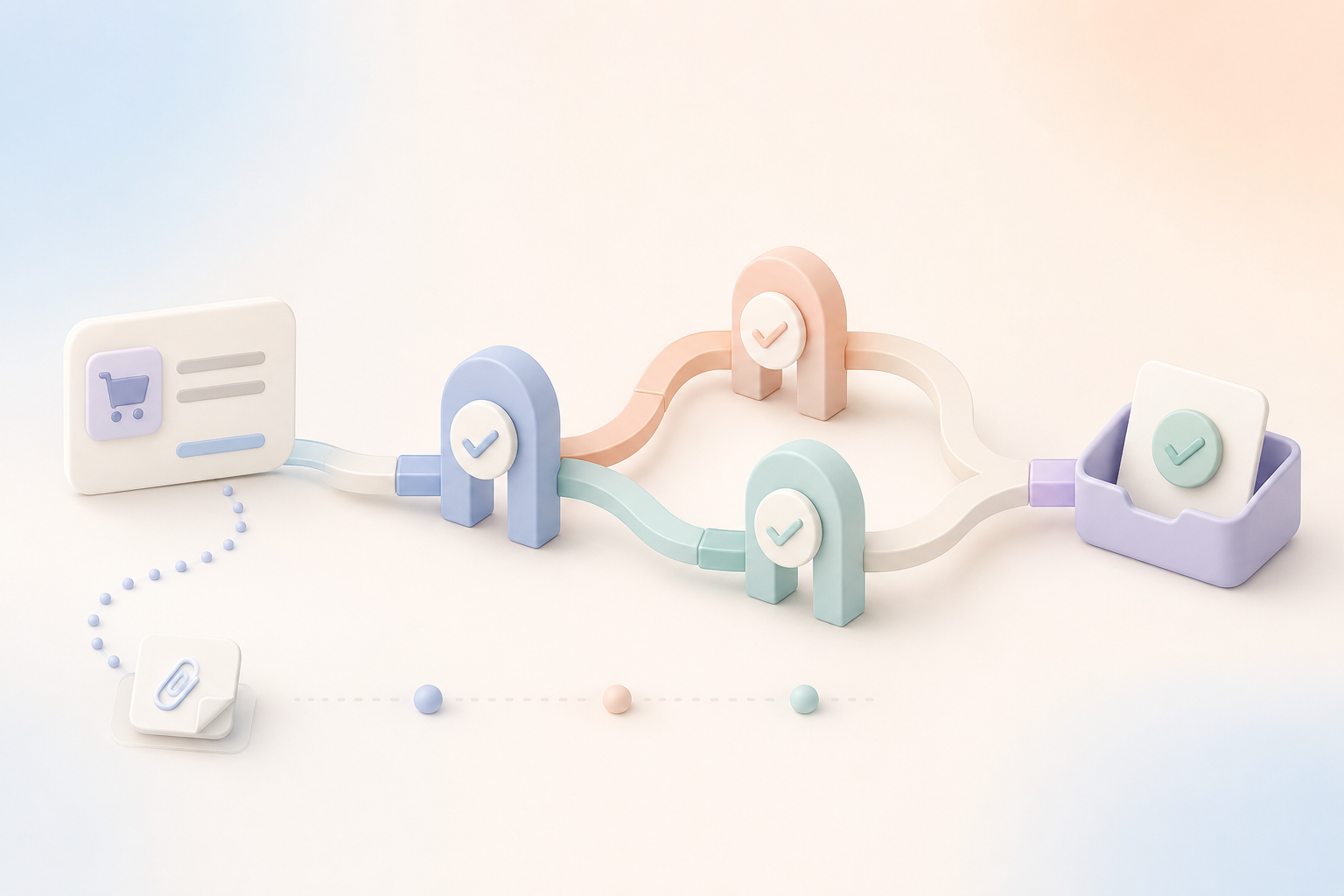 Soft illustration of a request moving through a clean multi-step approval path