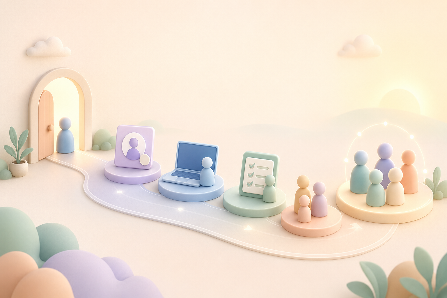 Soft illustration of a new hire moving through a welcoming onboarding journey