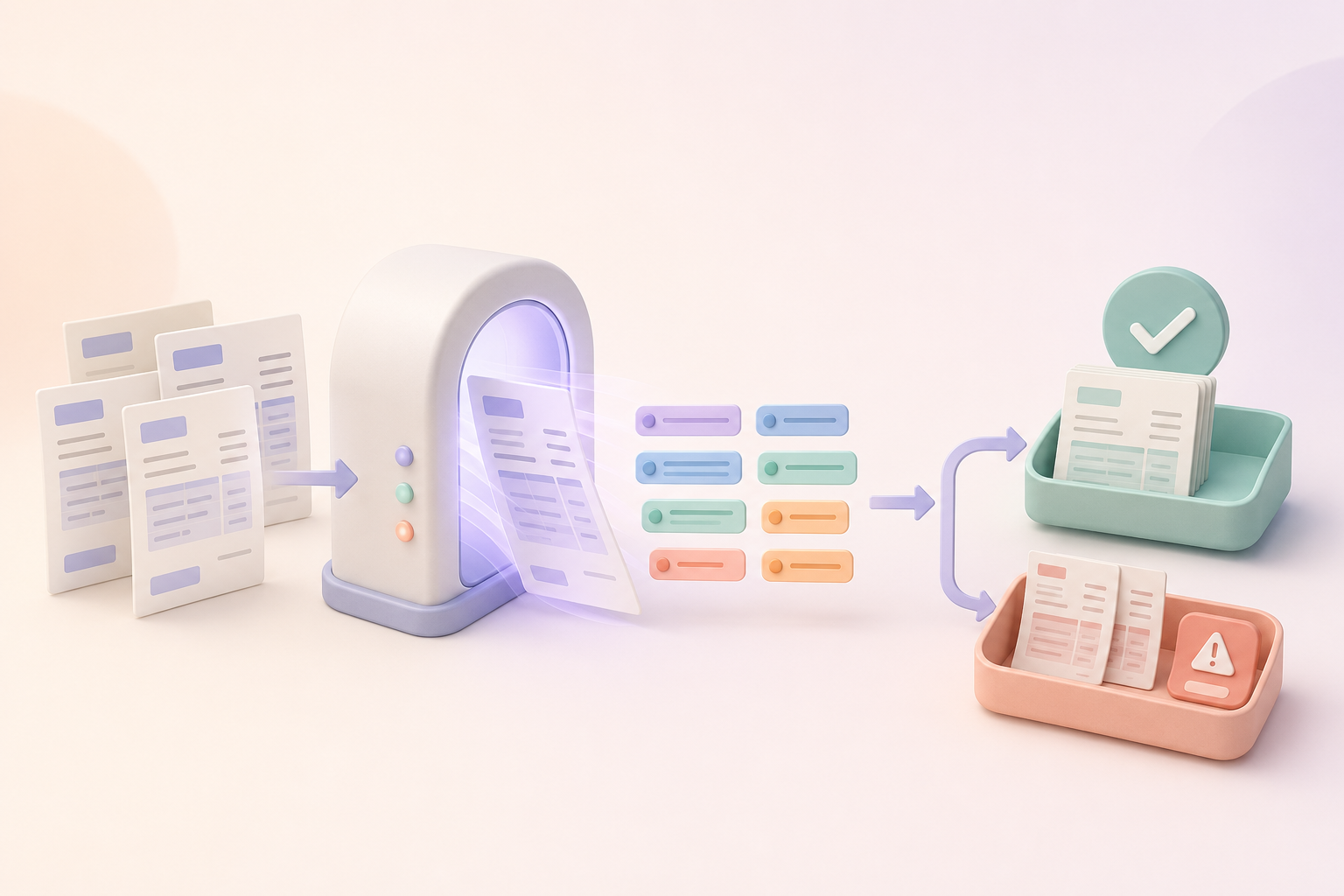 Soft illustration of invoices moving through extraction, checks, and approval steps