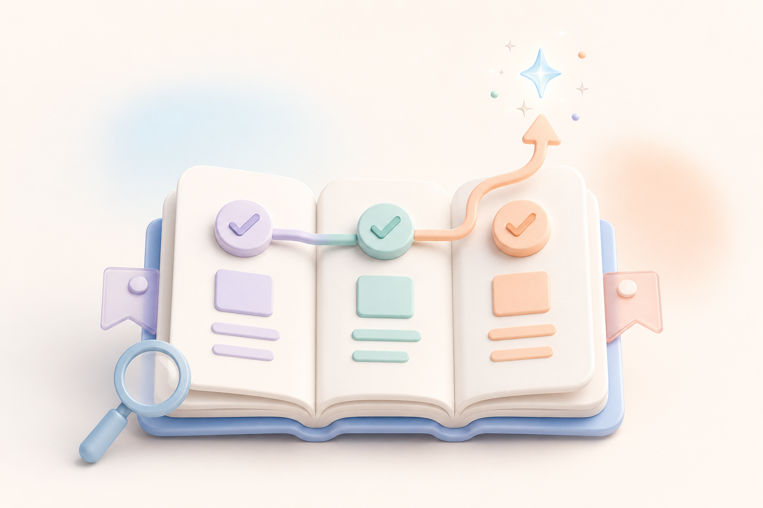 Soft illustration of organised process steps, documents, and a helpful search panel