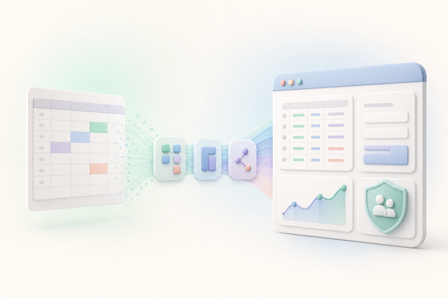 Soft illustration of a spreadsheet grid changing into a clean business app