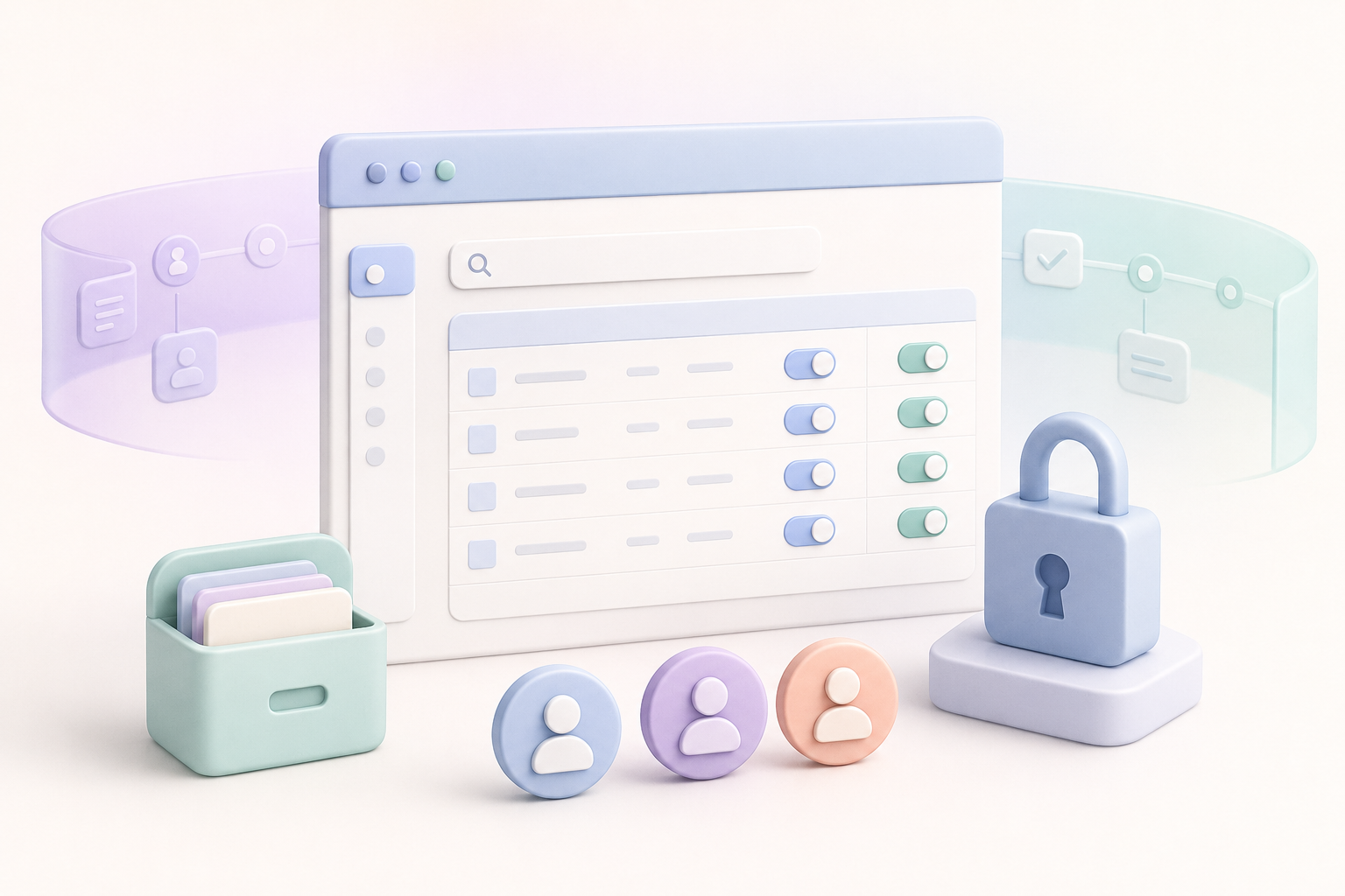 Soft illustration of a clean admin panel with tables, controls, and status cards