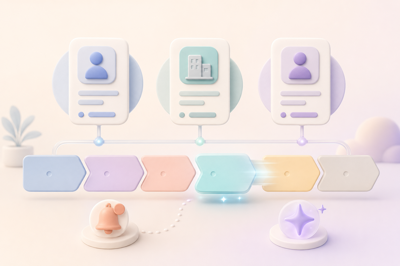 Soft illustration of contacts moving through a simple sales pipeline