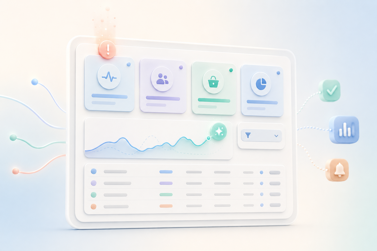 Soft illustration of a clean operations dashboard with charts, filters, and status signals