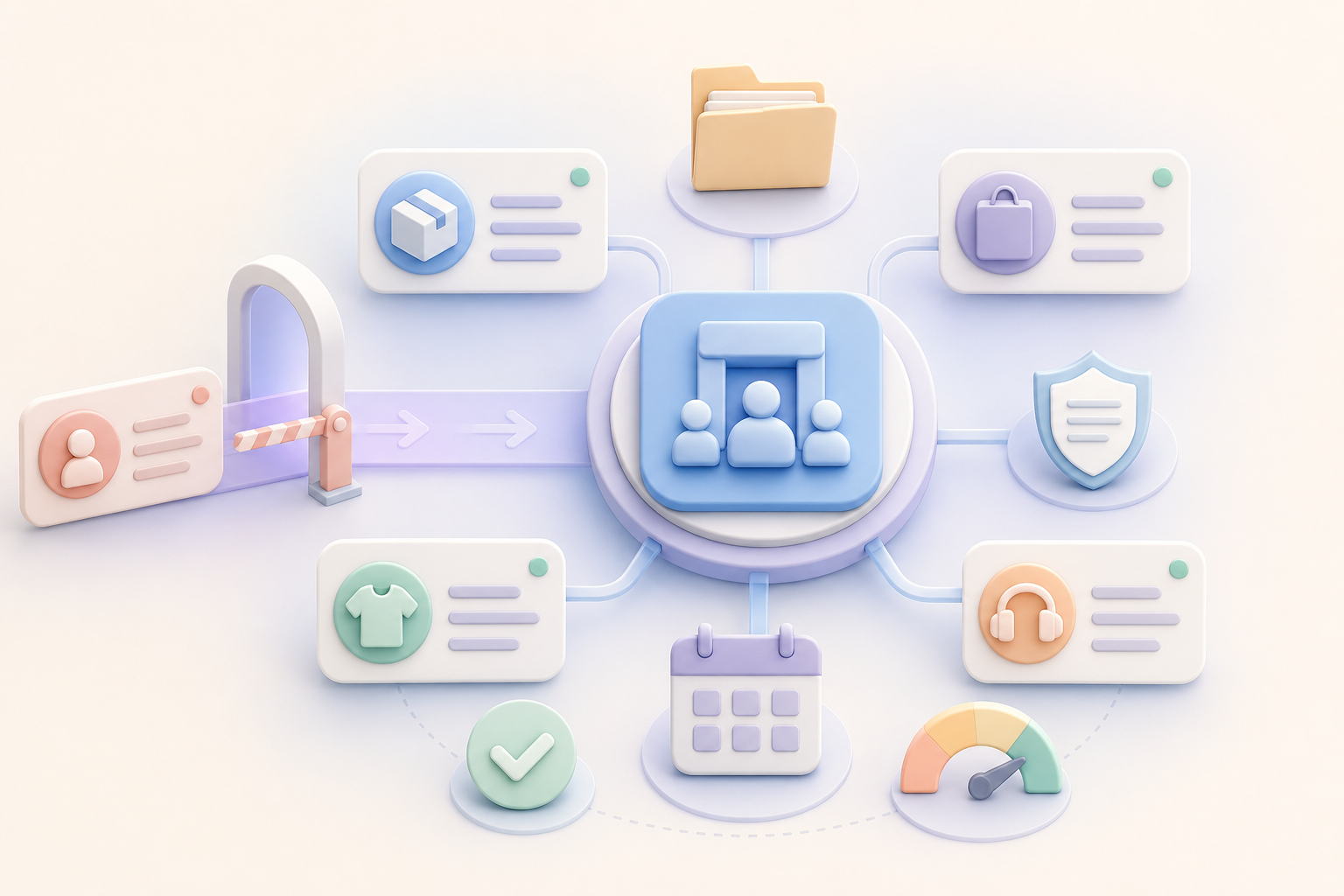 Soft illustration of vendors connected to a central management hub with documents and alerts