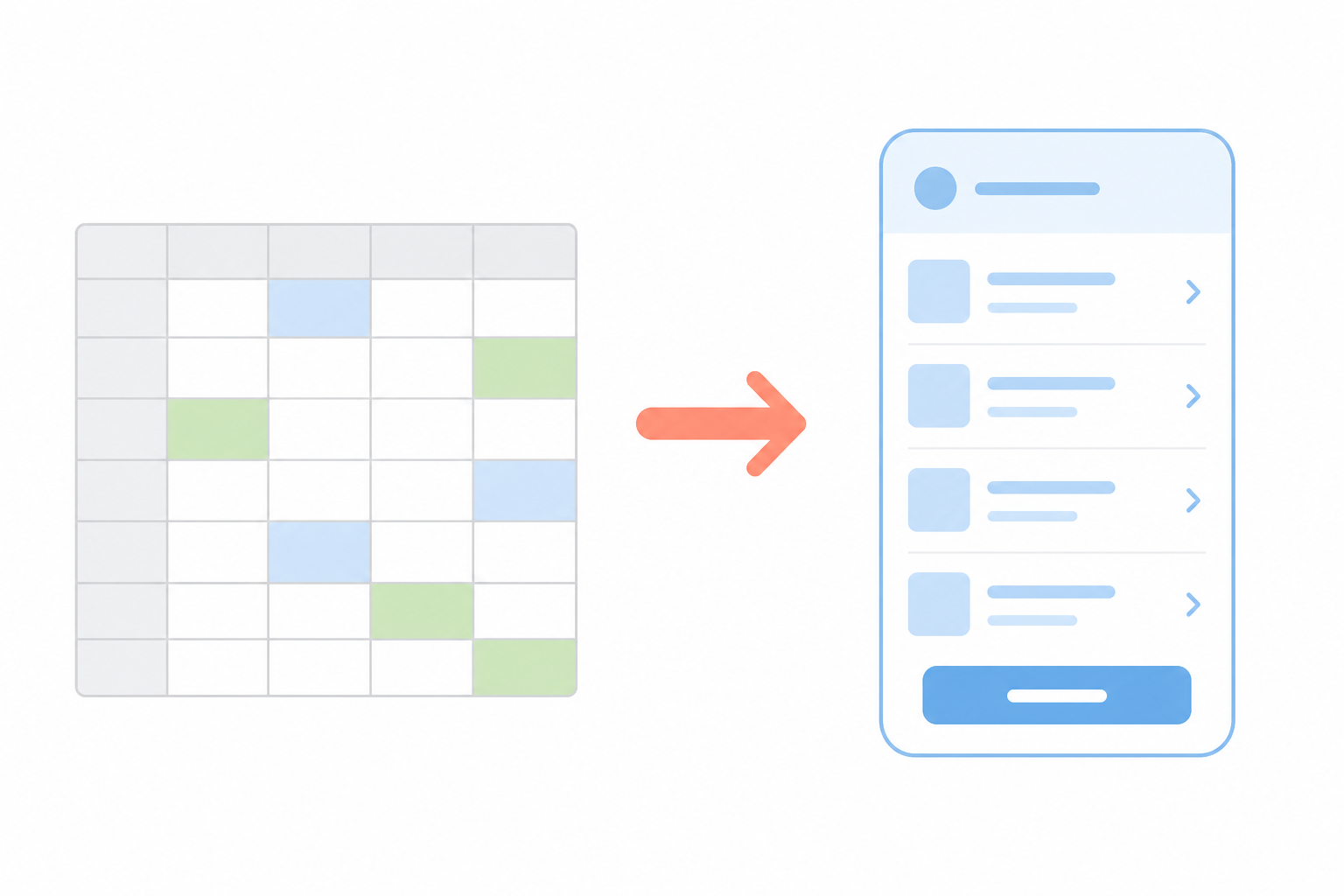Spreadsheet rows transforming into a structured web application interface