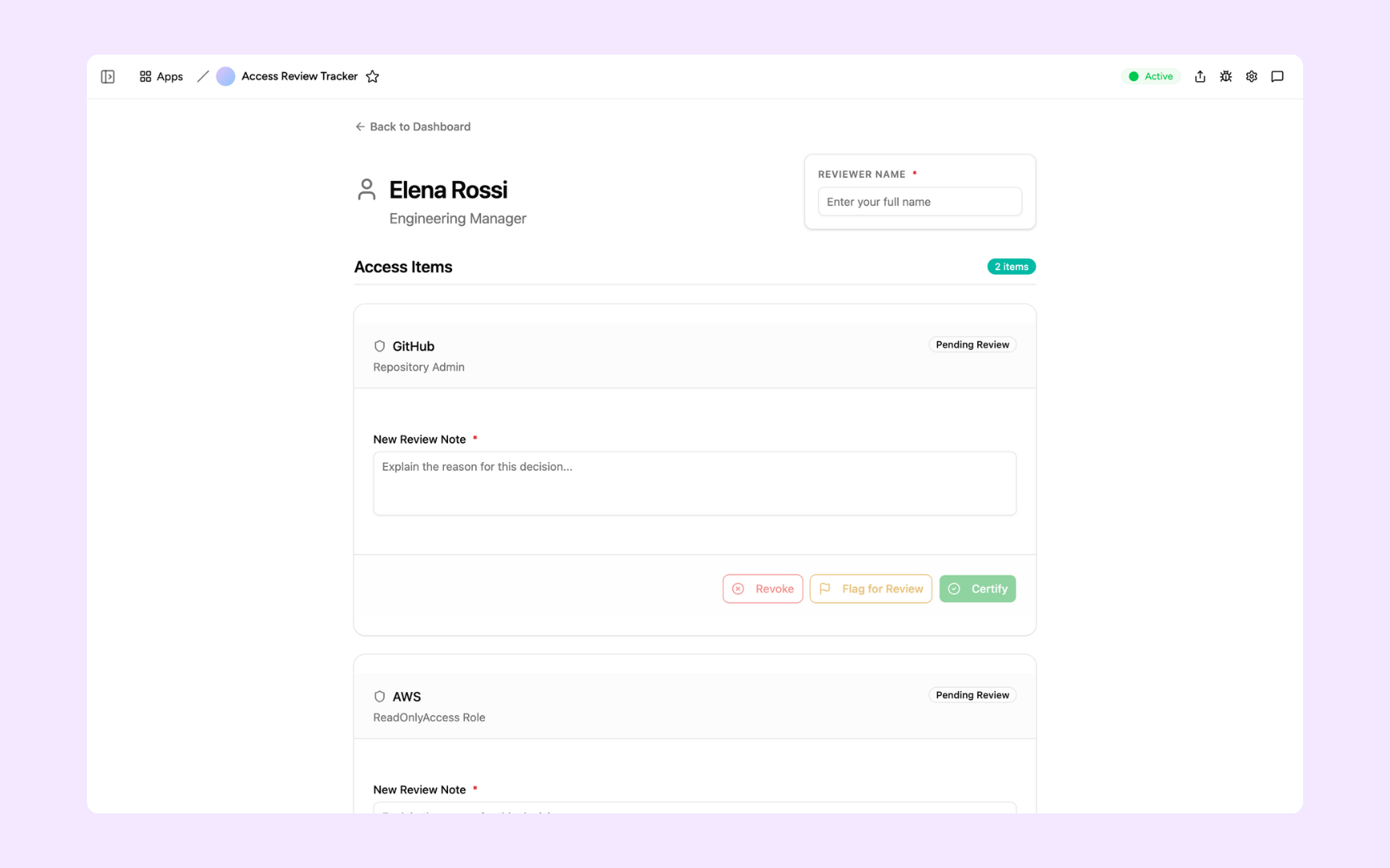 Certify, revoke, or flag each access item