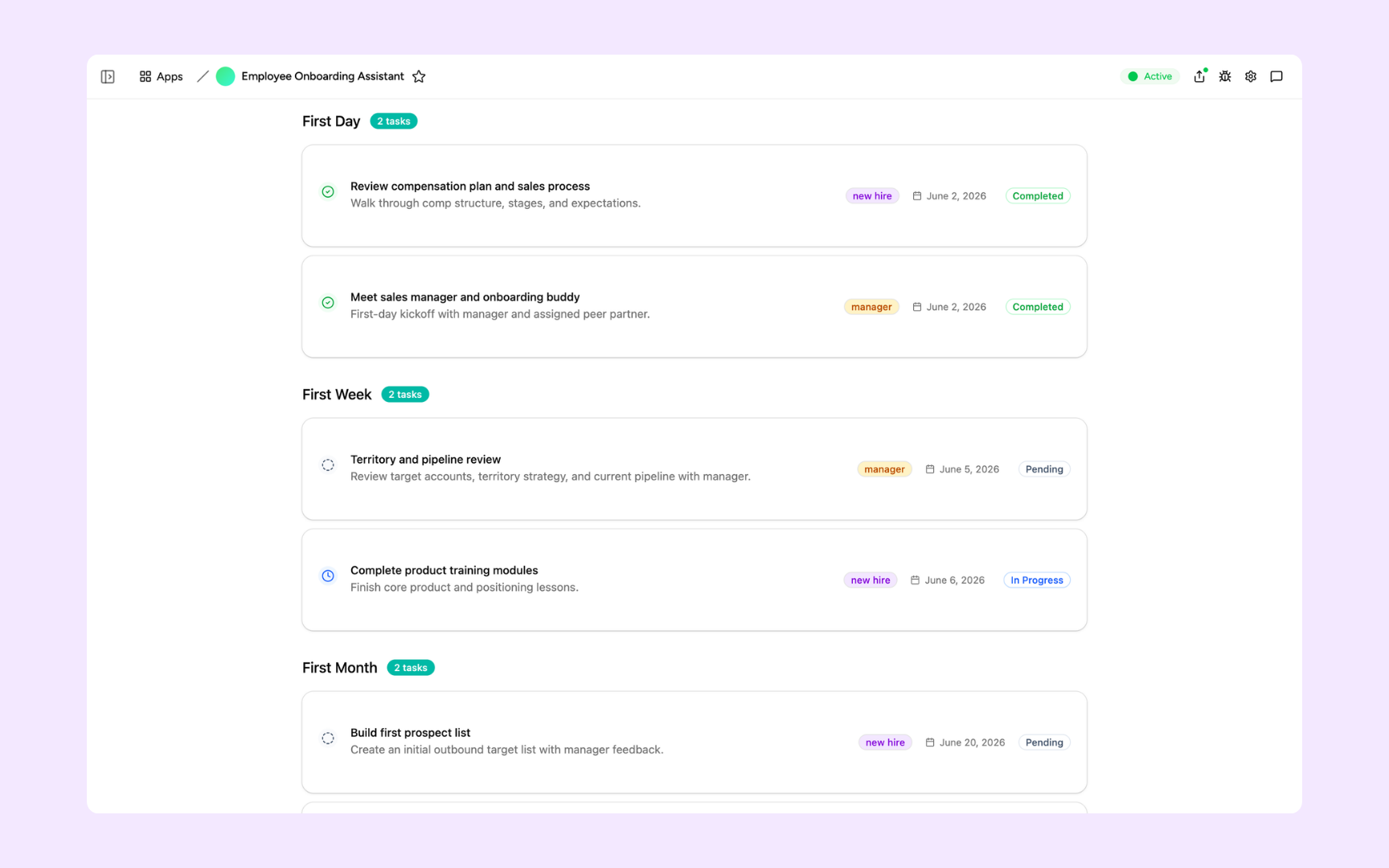Task checklist by phase