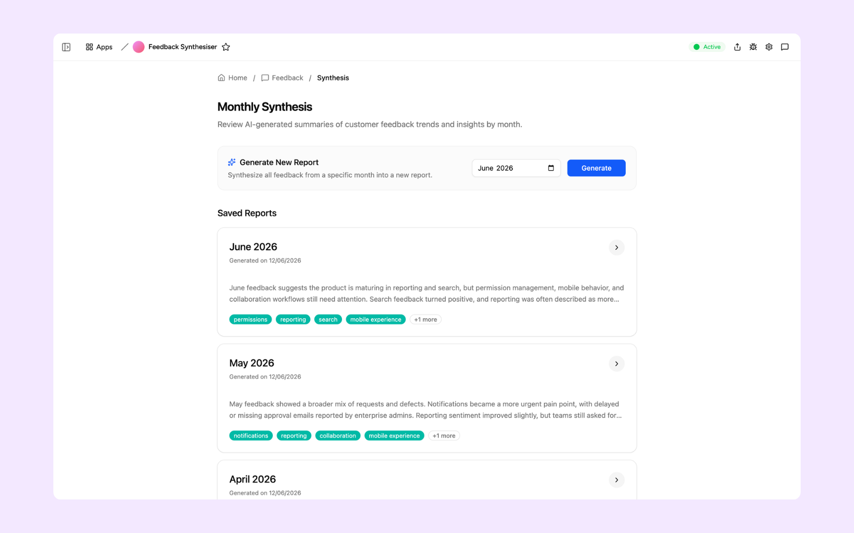 Monthly synthesis reports