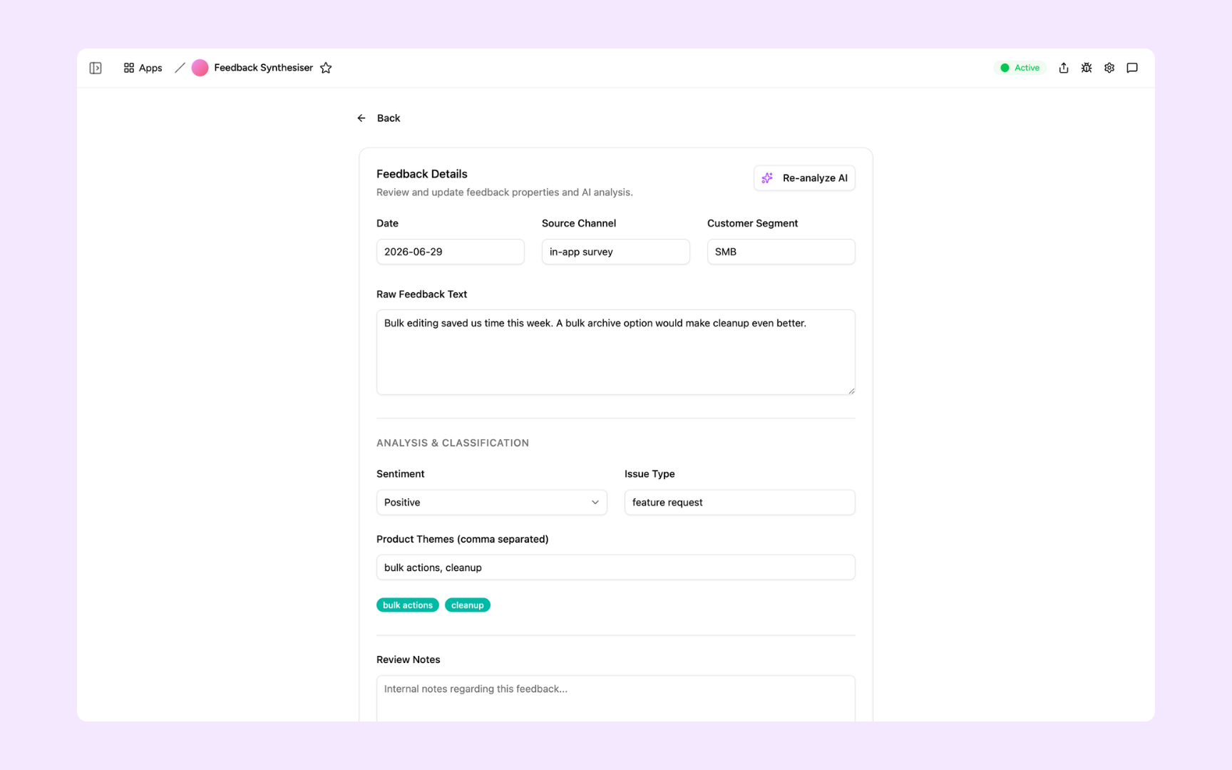 Feedback detail & AI analysis