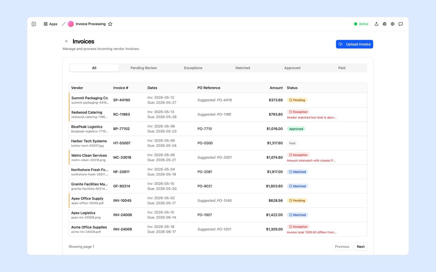 Upload invoices