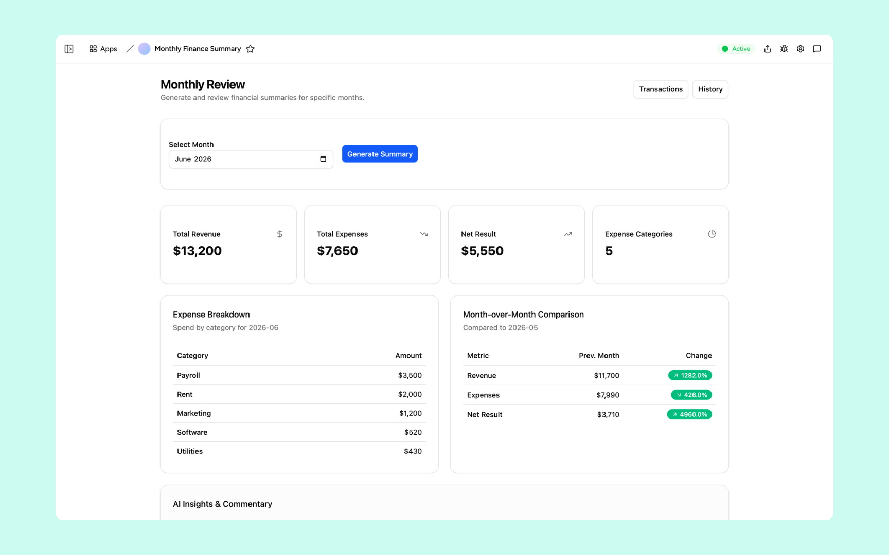 Monthly Finance Report