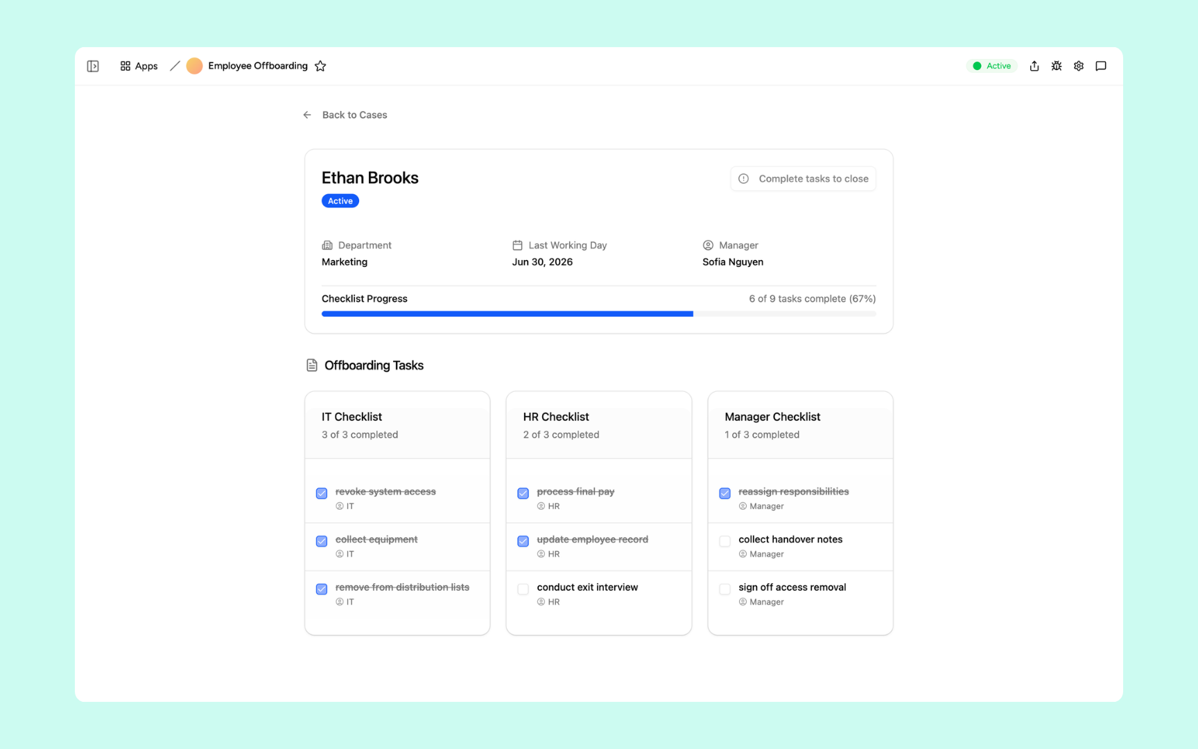 Separate checklists for IT, HR, and the manager