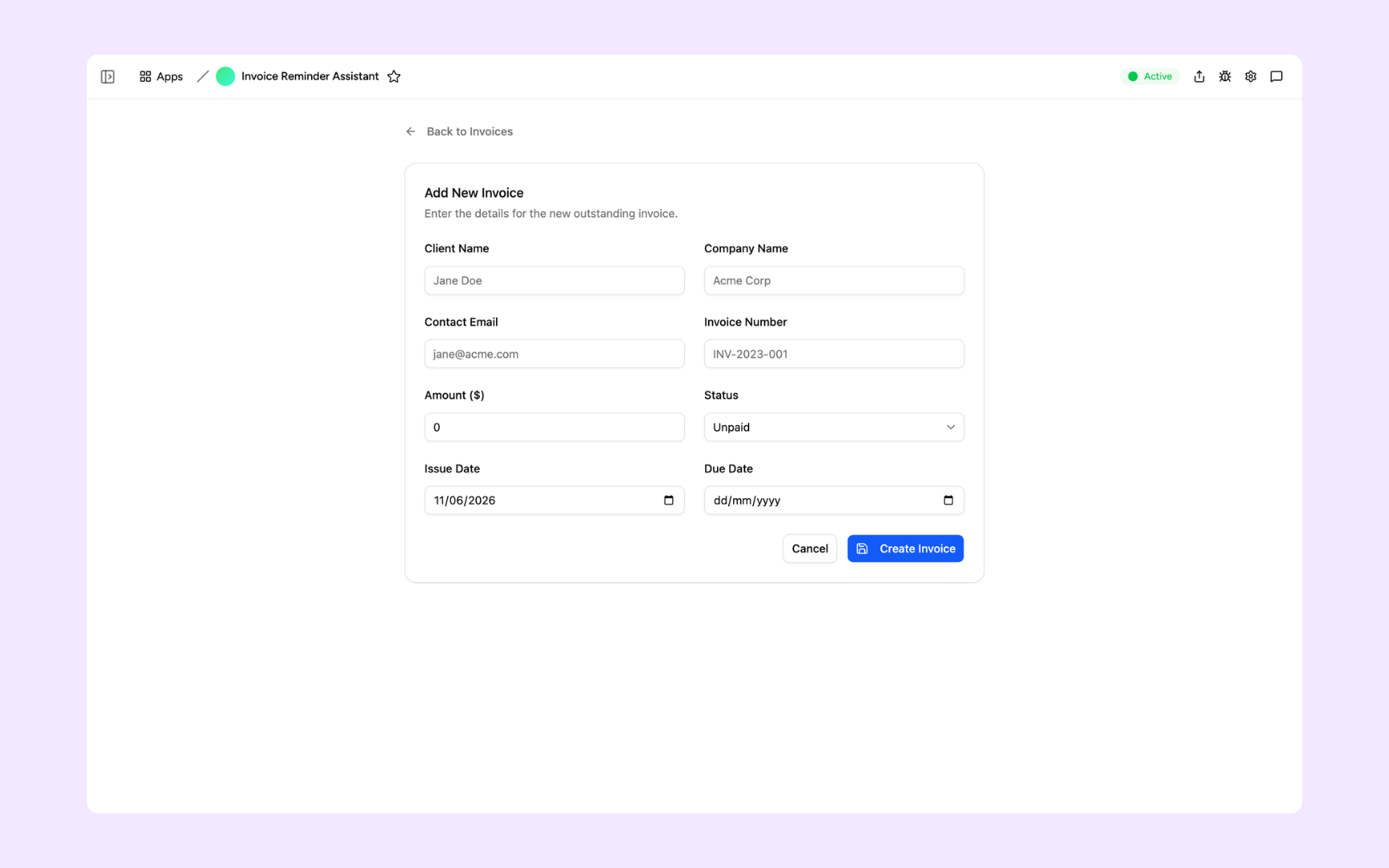 New invoice form