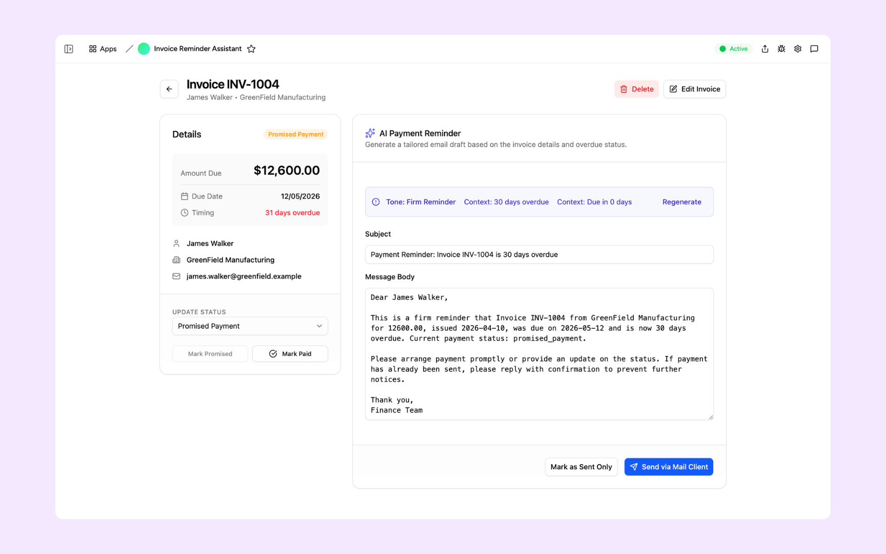 Invoice details and AI assistant