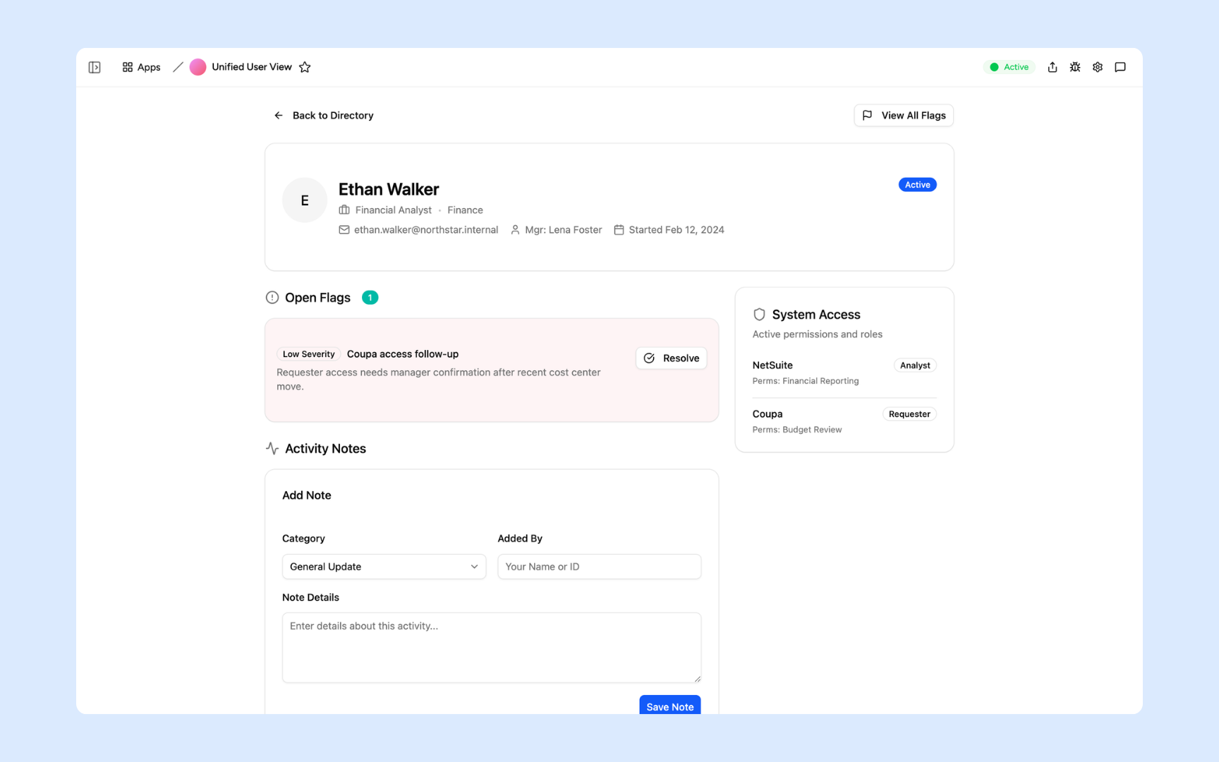 Full profile with flags, access, and notes