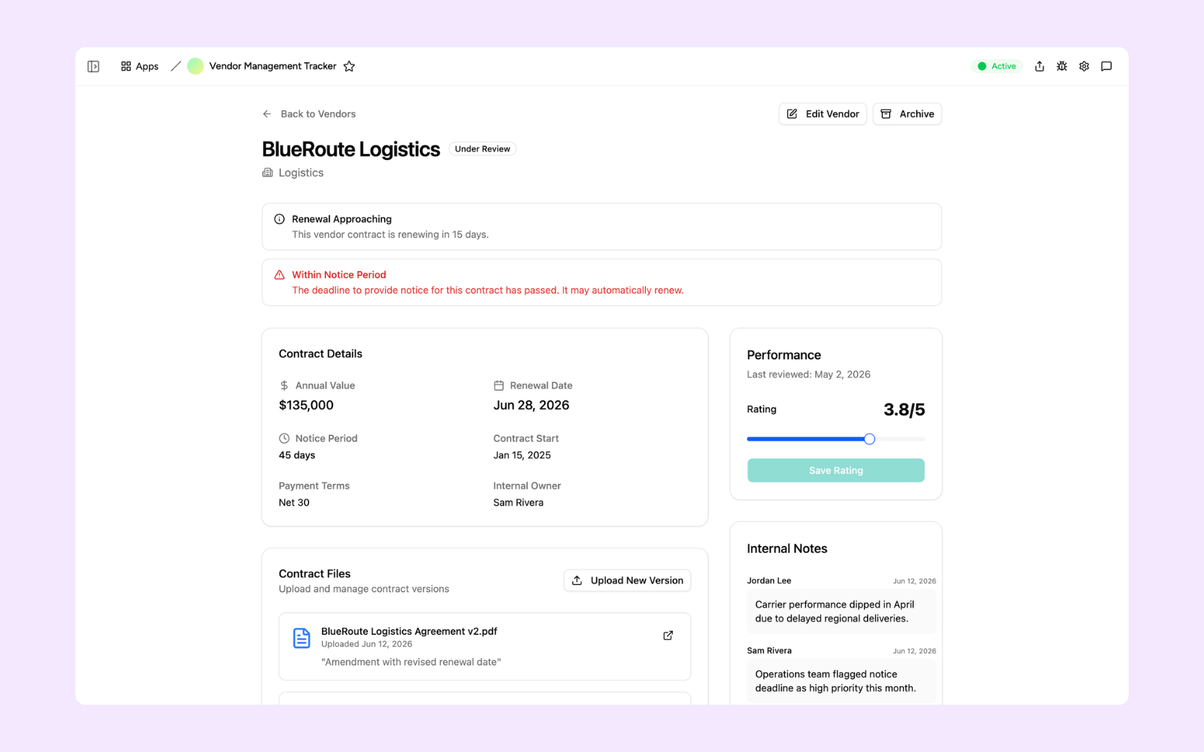 Vendor profile & contract details
