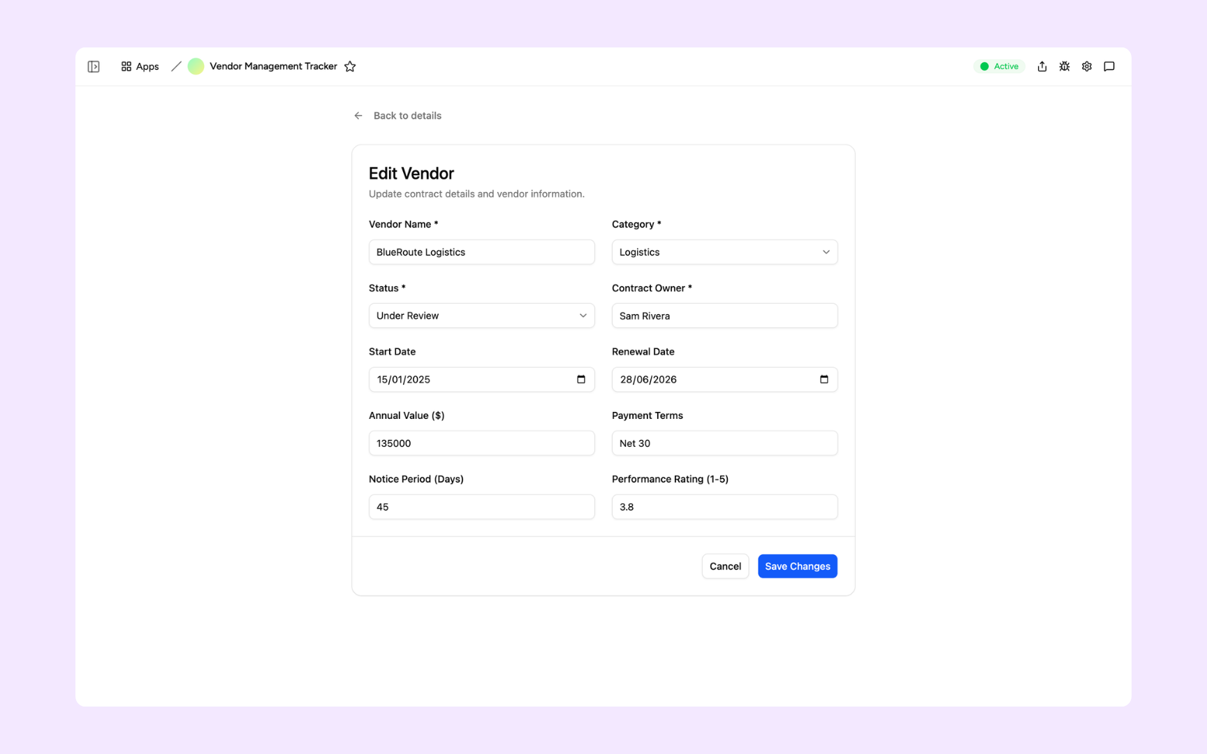 Edit vendor record